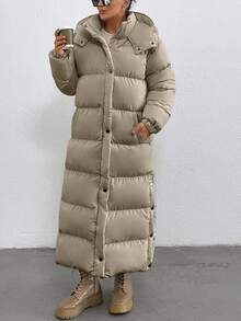 EURMUSE Keep Warm Feature, Maxi Lenght, Side Popper Detailed Puffer Winter Coat - Dark Grey - View 4