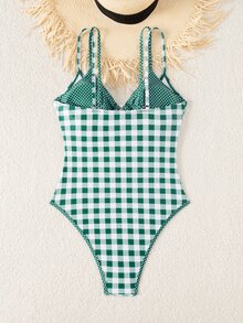 Swim Mod Spring/Summer Women's One-Piece Plaid Swimsuit With Spaghetti Strap For Beach Vacation - Green - View 2