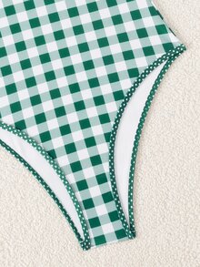 Swim Mod Spring/Summer Women's One-Piece Plaid Swimsuit With Spaghetti Strap For Beach Vacation - Green - View 5