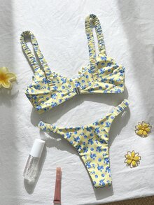 Swim Mod Conjunto de bikini sexy con corte alto y pliegues con estampado aleatorio para mujer, verano - Multicolor - Ver 2