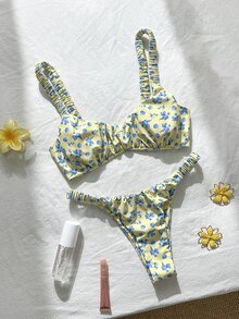 Swim Mod Conjunto de bikini sexy con corte alto y pliegues con estampado aleatorio para mujer, verano - Multicolor - Ver 1