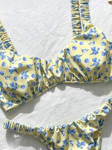Swim Mod Conjunto de bikini sexy con corte alto y pliegues con estampado aleatorio para mujer, verano - Multicolor - Ver 3