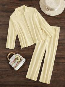 SHEIN Swim 2pcs/Set Summer Vacation Solid Color Casual Long Sleeve Lapel Cover Up And High Waist Straight Pants Women Coverup - Yellow - View 3