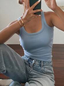 DAZY Women's Solid Color Fitted Casual Vacation Summer Tank Top - Blue - View 4