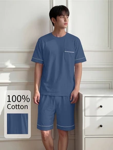 Napfluff Men's Knit Crew Neck Short Sleeve Bermuda Pants Contrast Trim Pajama Set - Navy Blue - View 1