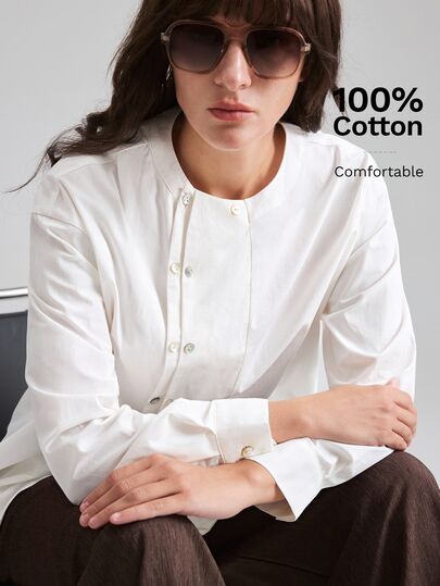 Ontre 2026 Autumn/Winter New Minimalist Fashion Elegant Modern Formal Commute Casual Long Sleeve Stand Collar Loose Asymmetrical White Beige Women's Blouse Versatile Slimming Heightening Elegant Daily Wear Commute Wear Office Wear Date Wear Fashion Wear Streetwear