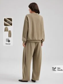 Ontre 2026 Autumn/Winter New Minimalist Fashion Elegant Vacation Business Commute Casual Fitness Outfit Cruise Wear Long Sleeve V-Neck Loose Khaki Solid Color Women's Two Pieces Set Versatile Slimming Heightening Elegant Daily Wear Commute Wear Office Wear Date Wear Fashion Wear Street Wear - Khaki - View 9