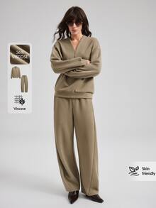 Ontre 2026 Autumn/Winter New Minimalist Fashion Elegant Vacation Business Commute Casual Fitness Outfit Cruise Wear Long Sleeve V-Neck Loose Khaki Solid Color Women's Two Pieces Set Versatile Slimming Heightening Elegant Daily Wear Commute Wear Office Wear Date Wear Fashion Wear Street Wear - Khaki - View 4