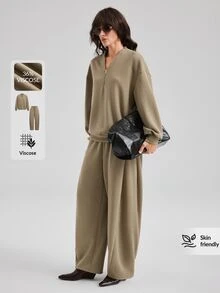 Ontre 2026 Autumn/Winter New Minimalist Fashion Elegant Vacation Business Commute Casual Fitness Outfit Cruise Wear Long Sleeve V-Neck Loose Khaki Solid Color Women's Two Pieces Set Versatile Slimming Heightening Elegant Daily Wear Commute Wear Office Wear Date Wear Fashion Wear Street Wear - Khaki - View 7