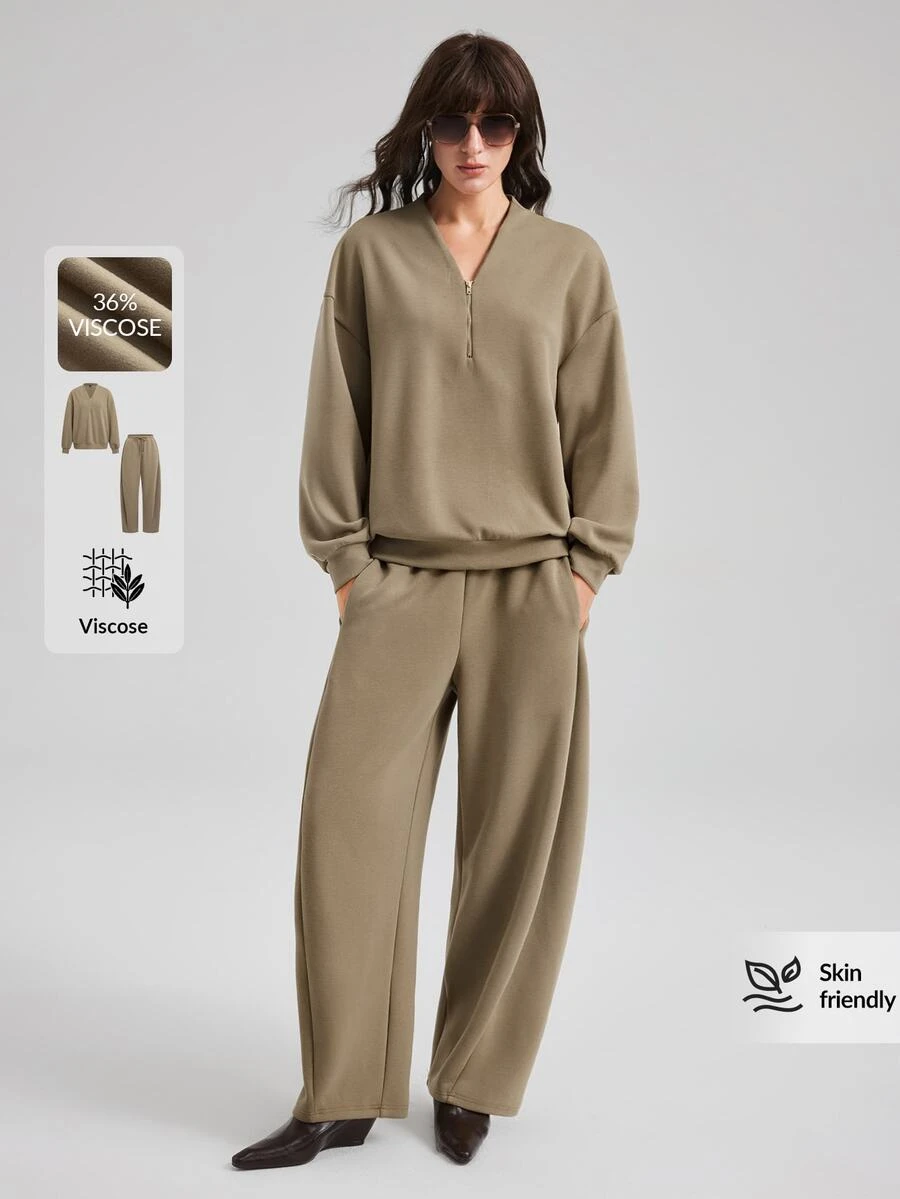Ontre 2026 Autumn/Winter New Minimalist Fashion Elegant Vacation Business Commute Casual Fitness Outfit Cruise Wear Long Sleeve V-Neck Loose Khaki Solid Color Women's Two Pieces Set Versatile Slimming Heightening Elegant Daily Wear Commute Wear Office Wear Date Wear Fashion Wear Street Wear