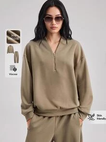 Ontre 2026 Autumn/Winter New Minimalist Fashion Elegant Vacation Business Commute Casual Fitness Outfit Cruise Wear Long Sleeve V-Neck Loose Khaki Solid Color Women's Two Pieces Set Versatile Slimming Heightening Elegant Daily Wear Commute Wear Office Wear Date Wear Fashion Wear Street Wear - Khaki - View 3