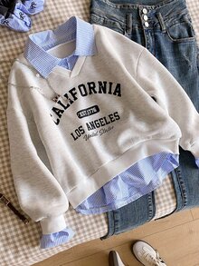 SHEIN 青少年女孩秋季服飾 淺藍色 2合1 襯衫領衛衣，寬鬆版型加州風層次衛衣，返校季，秋季，保暖，冬季 - 灰色 - 查看 4