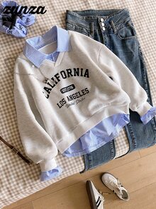 SHEIN 青少年女孩秋季服飾 淺藍色 2合1 襯衫領衛衣，寬鬆版型加州風層次衛衣，返校季，秋季，保暖，冬季 - 灰色 - 查看 7