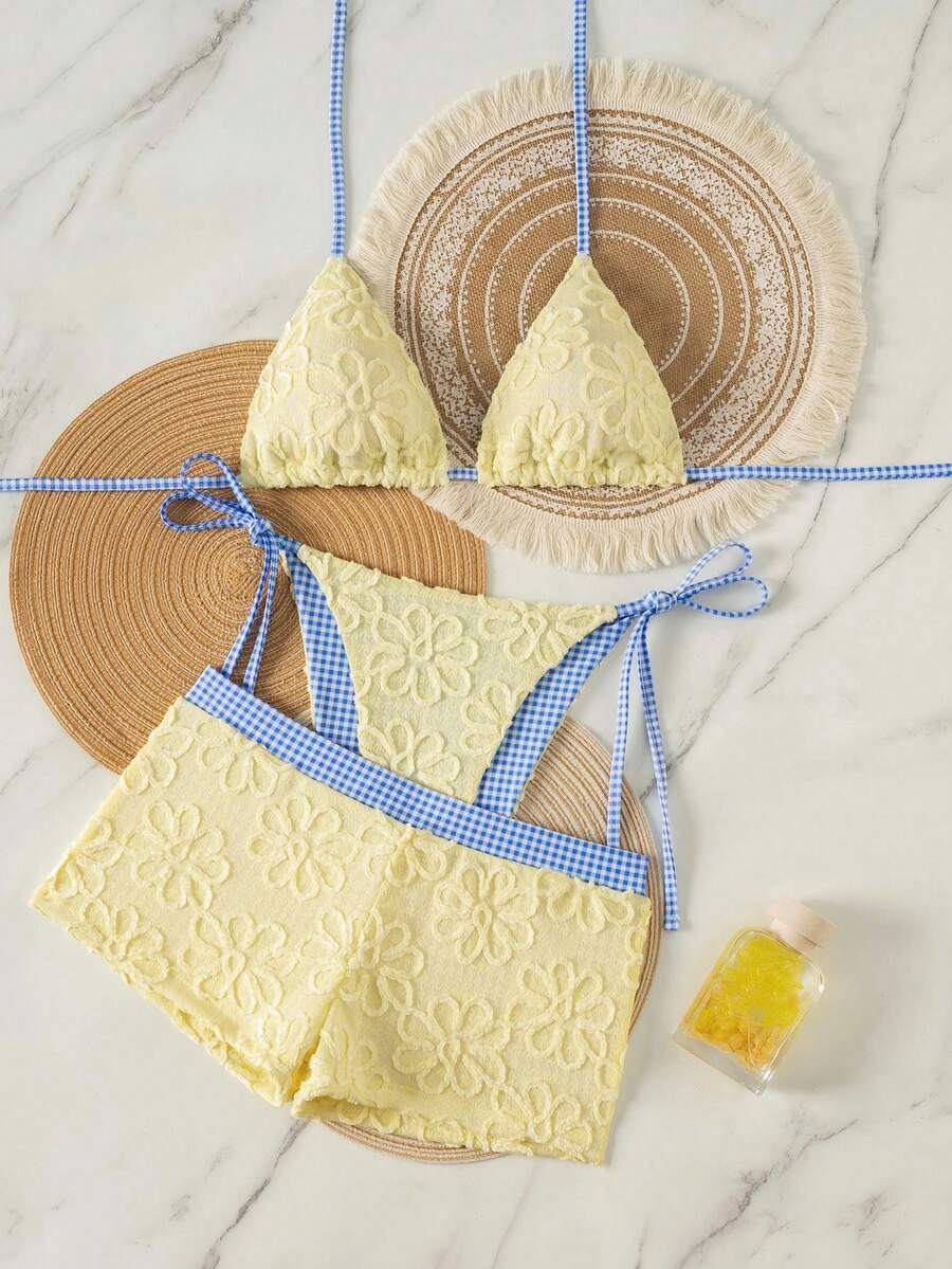Swim Mod Set Bikini Wanita Motif Bunga Kotak-kotak Kuning Musim Semi/Panas, Celana Pendek Pinggang Rendah, Pakaian Renang Seksi untuk Liburan Pantai - Kuning - View 1