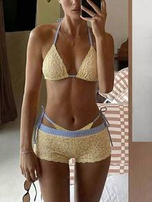 Swim Mod Set Bikini Wanita Motif Bunga Kotak-kotak Kuning Musim Semi/Panas, Celana Pendek Pinggang Rendah, Pakaian Renang Seksi untuk Liburan Pantai - Kuning - View 3