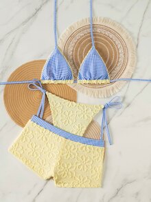 Swim Mod Set Bikini Wanita Motif Bunga Kotak-kotak Kuning Musim Semi/Panas, Celana Pendek Pinggang Rendah, Pakaian Renang Seksi untuk Liburan Pantai - Kuning - View 2