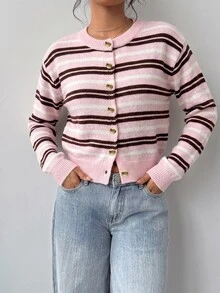 SHEIN BASICS 女款休閒學院風可愛粉白條紋開襟衫，適合秋冬校園、畢業季、辦公室、早午餐場合 - 彩色 - 查看 5