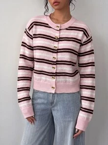 SHEIN BASICS 女款休閒學院風可愛粉白條紋開襟衫，適合秋冬校園、畢業季、辦公室、早午餐場合 - 彩色 - 查看 6