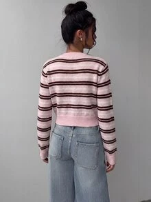 SHEIN BASICS 女款休閒學院風可愛粉白條紋開襟衫，適合秋冬校園、畢業季、辦公室、早午餐場合 - 彩色 - 查看 7