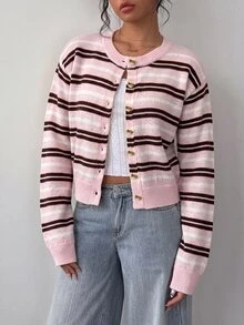 SHEIN BASICS 女款休閒學院風可愛粉白條紋開襟衫，適合秋冬校園、畢業季、辦公室、早午餐場合 - 彩色 - 查看 2