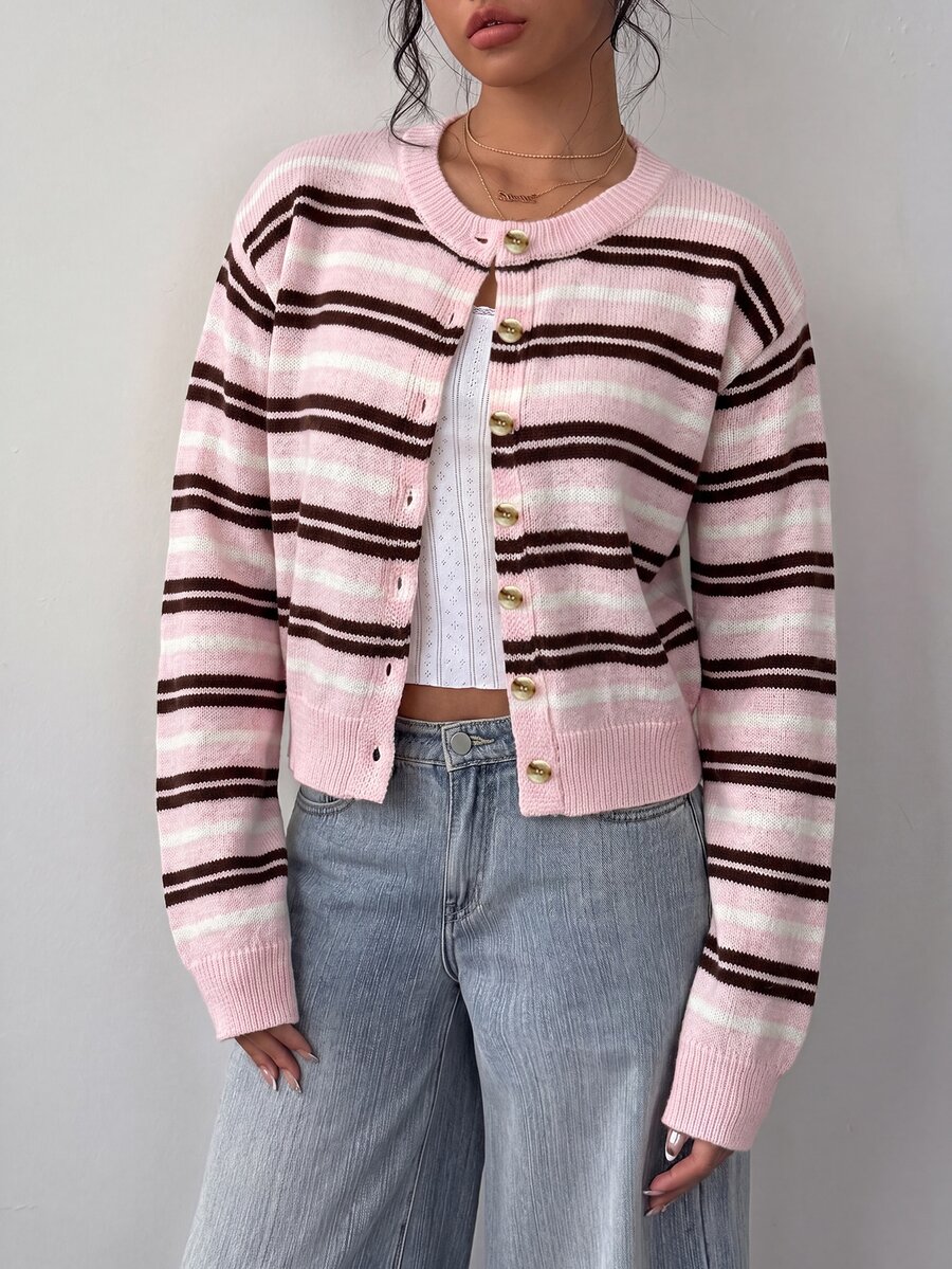 SHEIN BASICS 女款休閒學院風可愛粉白條紋開襟衫，適合秋冬校園、畢業季、辦公室、早午餐場合