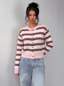 SHEIN BASICS 女款休閒學院風可愛粉白條紋開襟衫，適合秋冬校園、畢業季、辦公室、早午餐場合 - 彩色 - 查看 4