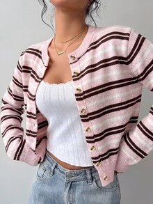 SHEIN BASICS 女款休閒學院風可愛粉白條紋開襟衫，適合秋冬校園、畢業季、辦公室、早午餐場合 - 彩色 - 查看 3