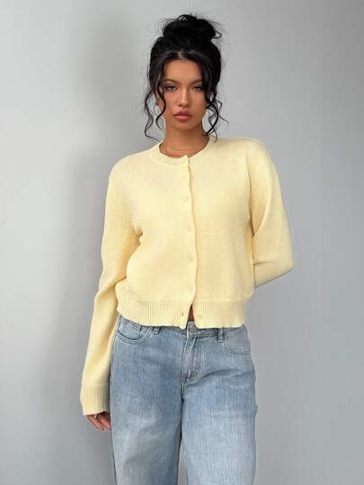 SHEIN BASICS Casual Basic Solid Color Round Neck Long Sleeve Loose Cropped Women Cardigan Sweater Autumn Coat Back-To-School Pale Yellow Teachers' Day Office