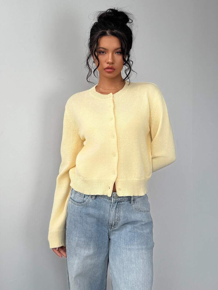 SHEIN BASICS Cardigan Wanita Kasual Dasar Warna Polos Leher Bulat Lengan Panjang Longgar Pendek Mantel Musim Gugur Kembali ke Sekolah Kuning Pucat Hari Guru Kantor - Mustard Yellow - View 4