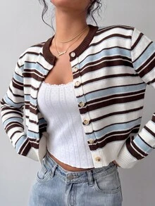 SHEIN BASICS 女款休閒針織開襟衫，美式復古條紋，夏季，街頭風，日常通勤校園，秋冬，畢業季，藍白條紋 - 彩色 - 查看 1