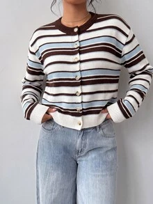SHEIN BASICS 女款休閒針織開襟衫，美式復古條紋，夏季，街頭風，日常通勤校園，秋冬，畢業季，藍白條紋 - 彩色 - 查看 3