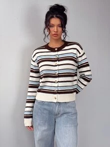 SHEIN BASICS 女款休閒針織開襟衫，美式復古條紋，夏季，街頭風，日常通勤校園，秋冬，畢業季，藍白條紋 - 彩色 - 查看 5