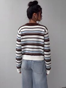 SHEIN BASICS 女款休閒針織開襟衫，美式復古條紋，夏季，街頭風，日常通勤校園，秋冬，畢業季，藍白條紋 - 彩色 - 查看 2