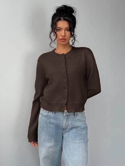 SHEIN BASICS Casual Basic Solid Color Round Neck Long Sleeve Loose Cropped Women Sweater Cardigan Autumn Coat Everyday Business Office Dark Brown Teachers' Day