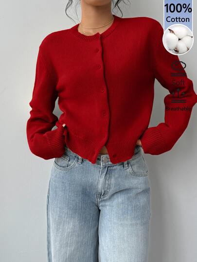 SHEIN BASICS Women's Solid Color Single-Breasted Casual All-Match Versatile Daily Wear School Teacher Long Sleeve Cardigan Teachers' Day Office Dark Red Autumn
