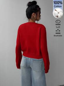 SHEIN BASICS Women's Solid Color Single-Breasted Casual All-Match Versatile Daily Wear School Teacher Long Sleeve Cardigan Teachers' Day Office Dark Red Autumn - Red - View 7