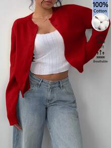 SHEIN BASICS Women's Solid Color Single-Breasted Casual All-Match Versatile Daily Wear School Teacher Long Sleeve Cardigan Teachers' Day Office Dark Red Autumn - Red - View 6