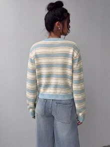 SHEIN BASICS 女款休閒針織開襟衫，條紋設計，適合秋冬/夏季，街頭風，適用於日常通勤、約會、學校教師、派對、婚禮 - 彩色 - 查看 6