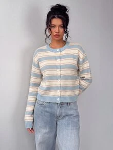 SHEIN BASICS 女款休閒針織開襟衫，條紋設計，適合秋冬/夏季，街頭風，適用於日常通勤、約會、學校教師、派對、婚禮 - 彩色 - 查看 4