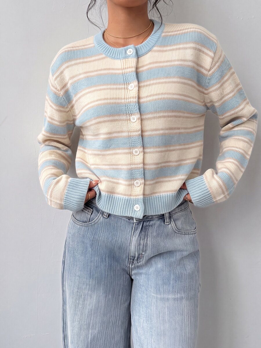 SHEIN BASICS 女款休閒針織開襟衫,條紋設計,適合秋冬/夏季,街頭風,適用於日常通勤、約會、學校教師、派對、婚禮 - 彩色 - 查看 1