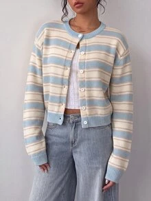 SHEIN BASICS 女款休閒針織開襟衫，條紋設計，適合秋冬/夏季，街頭風，適用於日常通勤、約會、學校教師、派對、婚禮 - 彩色 - 查看 3