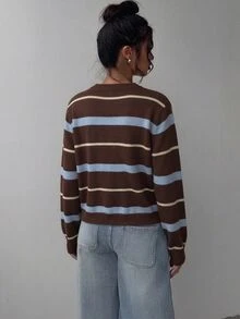 SHEIN BASICS 休閒極簡風針織開襟毛衣，適合秋冬外出，棕色條紋編織，日常百搭，適用約會、學校、畢業典禮、辦公室 - 黑色 - 查看 6