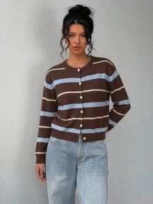 SHEIN BASICS 休閒極簡風針織開襟毛衣，適合秋冬外出，棕色條紋編織，日常百搭，適用約會、學校、畢業典禮、辦公室 - 黑色 - 查看 5