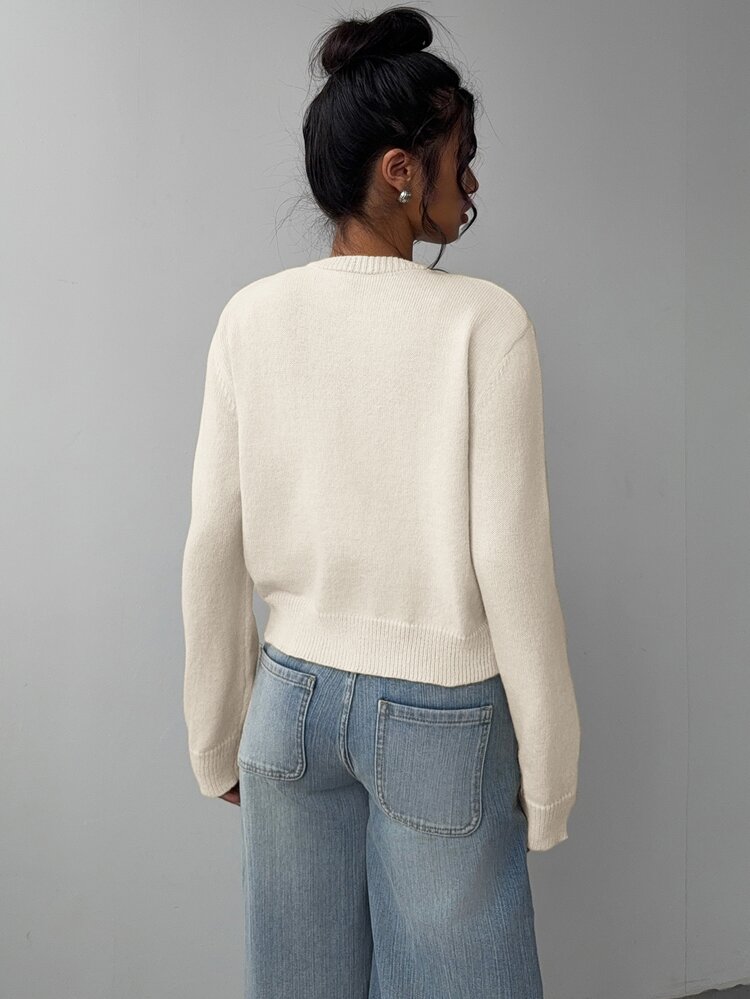SHEIN BASICS Casual Solid Color Round Neck Long Sleeve Loose Cropped Women Sweater Women Autumn Coat Day Time Work Brunch Office Off White Teachers' Day - Beige - View 6