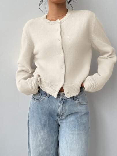 SHEIN BASICS Casual Solid Color Round Neck Long Sleeve Loose Cropped Women Sweater Women Autumn Coat Day Time Work Brunch Office Off White Teachers' Day