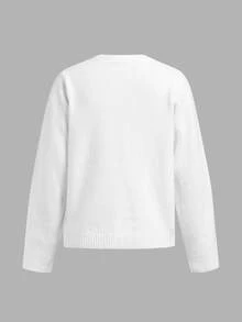 SHEIN BASICS 女款圓領純白色開襟針織衫 6顆鈕扣 秋季外套 返校季 教師節 小學教師休閒款 - 白色 - 查看 3
