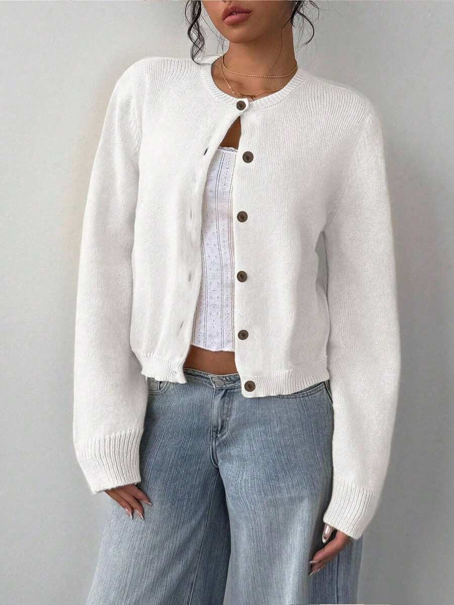 SHEIN BASICS 女款圓領純白色開襟針織衫 6顆鈕扣 秋季外套 返校季 教師節 小學教師休閒款