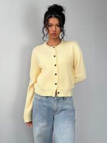 SHEIN BASICS Casual Minimalist Pale Yellow Women Cardigan Sweater Autumn Coat Teachers' Day Office Teacher - Yellow - View 5