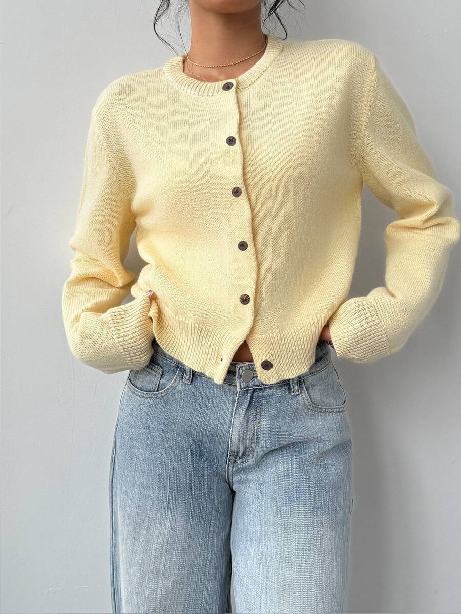 SHEIN BASICS Casual Minimalist Pale Yellow Women Cardigan Sweater Autumn Coat Teachers' Day Office Teacher