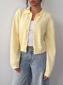 SHEIN BASICS 女款休閒純色長袖寬鬆短版開襟針織外套 秋季開學季校外穿搭 淡黃色 適合教師、辦公室、日常穿著 - 黃色 - 查看 6
